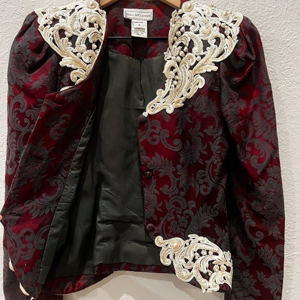Vintage Jessica Mcclintock Jacquard Jacket 80’s Lace Detail And Pearl/ Beads - Picture 3 of 13